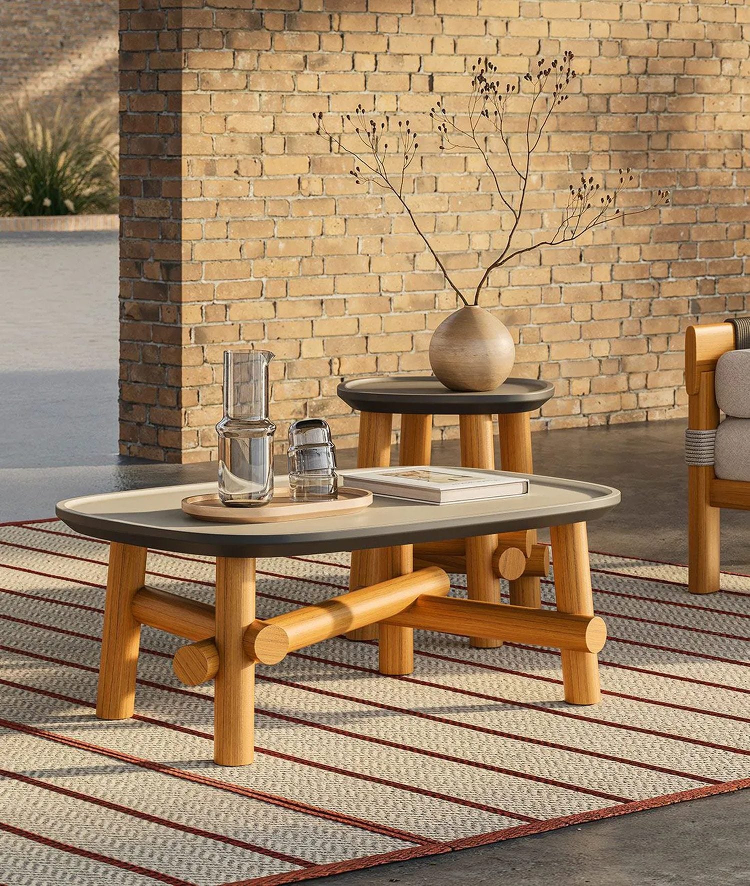Symi Coffee Table in Teak and Stone-Finish Ceramic